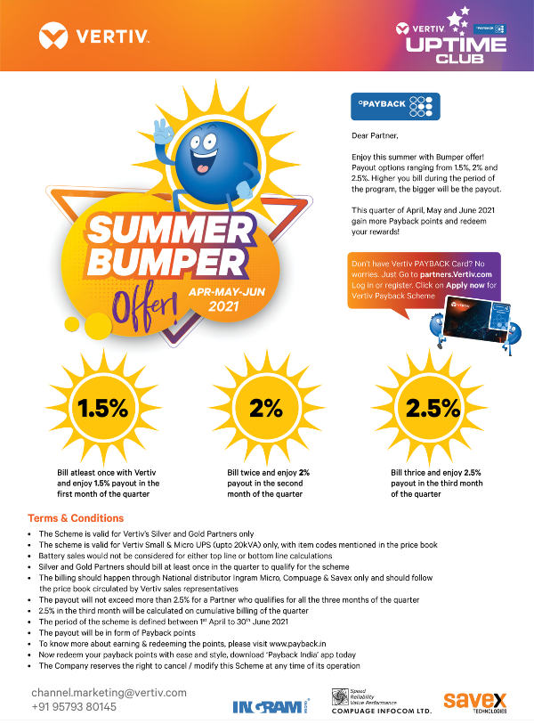 This program will offer Network Solution Partners (NSP) and Value Added Resellers (VAR) channel partners in India the opportunity to earn redeemable PAYBACK loyalty program points for sales of Vertiv™ Liebert® small and micro uninterruptible power supply (UPS) up to 20 kVA